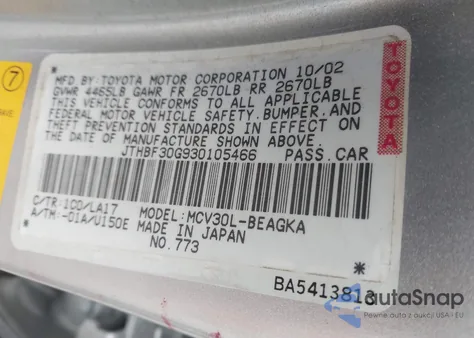 2003 Lexus Es 300 from USA, damaged, VIN JTHBF30G930105466